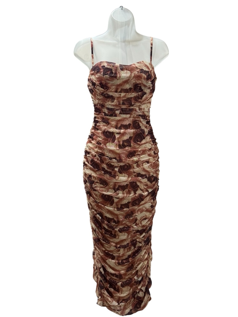 Ruched Floral Midi Dress in Brown
